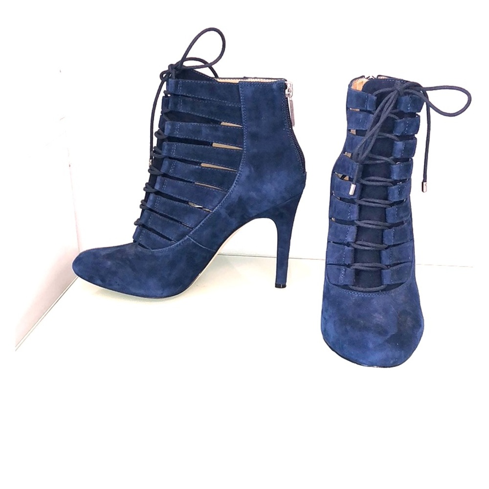 Navy Blue Suede Lace Up Booties